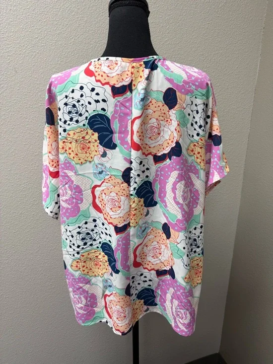 Entro Floral Blouse V Neck Boho Top Pink Blue Cream Large Spring Summer Chic - Picture 5 of 9